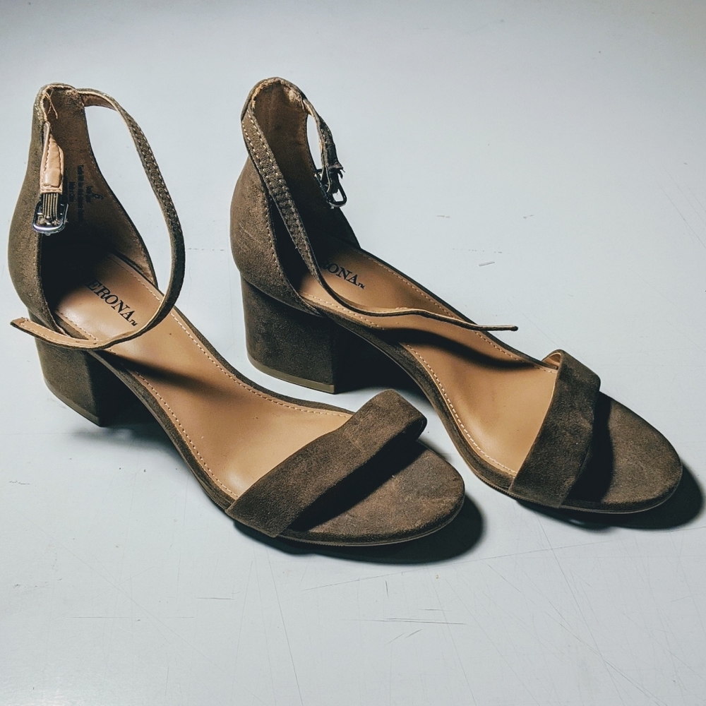Suede Texture Low Block Ankle Strap Heels Open Toe